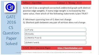 GATE 2016 CS Q14 - Let G be a weighted connected undirected graph with distinct weights.