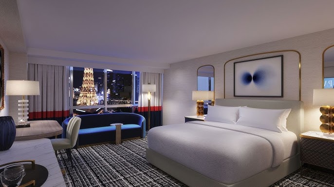 Room Tour! Paris Hotel in Las Vegas, Burgundy Double Queen Bed with Eiffel  Tower View 