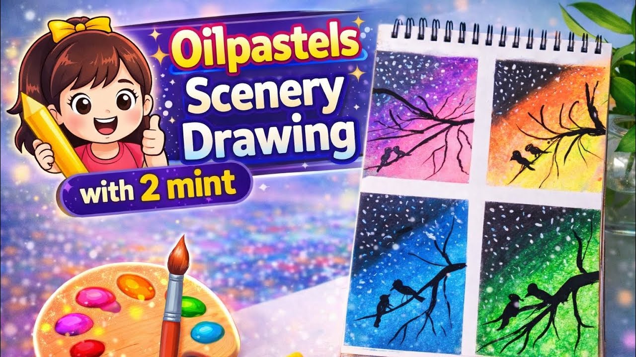 Easy Oil Pastels Scenery Drawing | 4 Scenery in One Frame | 2 Minute Easy Drawing