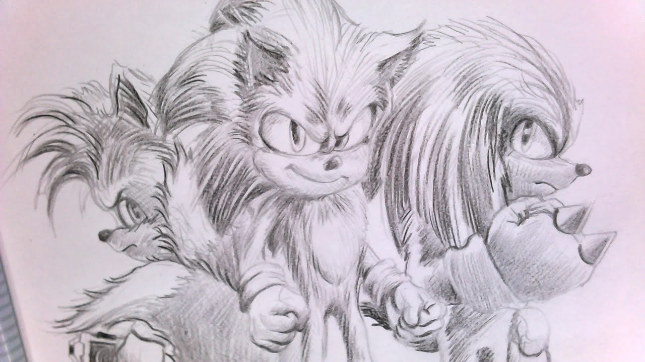 Desenhando e Esboçando Sonic 2 do filme com knukcles e Tails. desenho e  esboço 