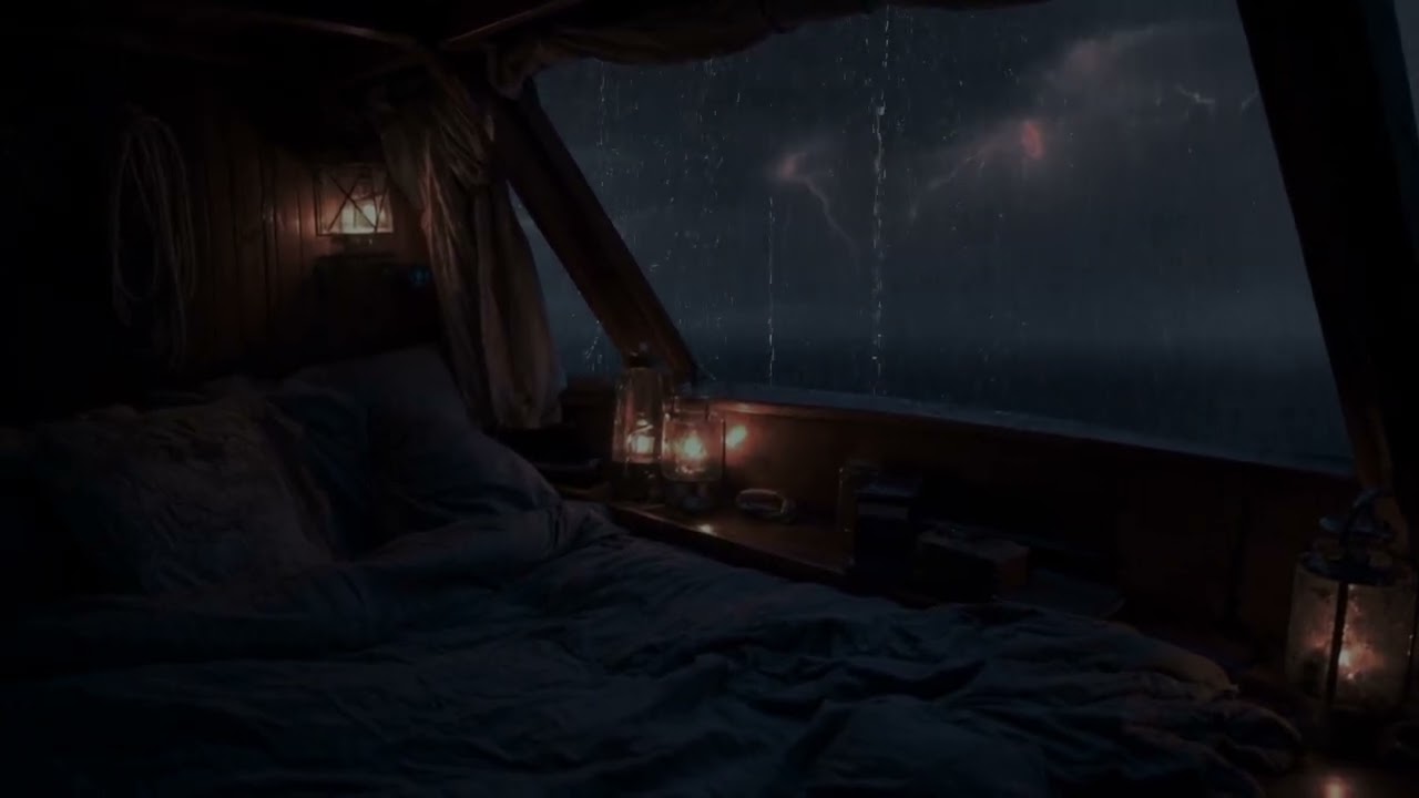 Rainy Night on a Small Boat | Relaxing in Bed with Rain & Thunder by the Window