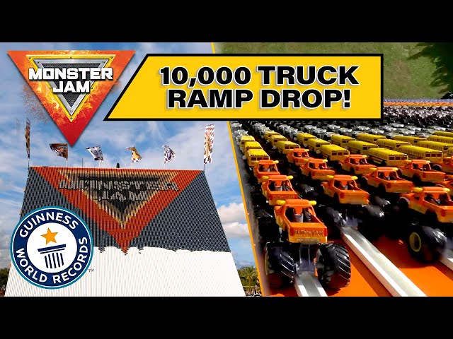 10,000 Toy Monster Trucks Race Down MEGA RAMP [World Record] 🏆 Monster Jam 10K Stunt class=