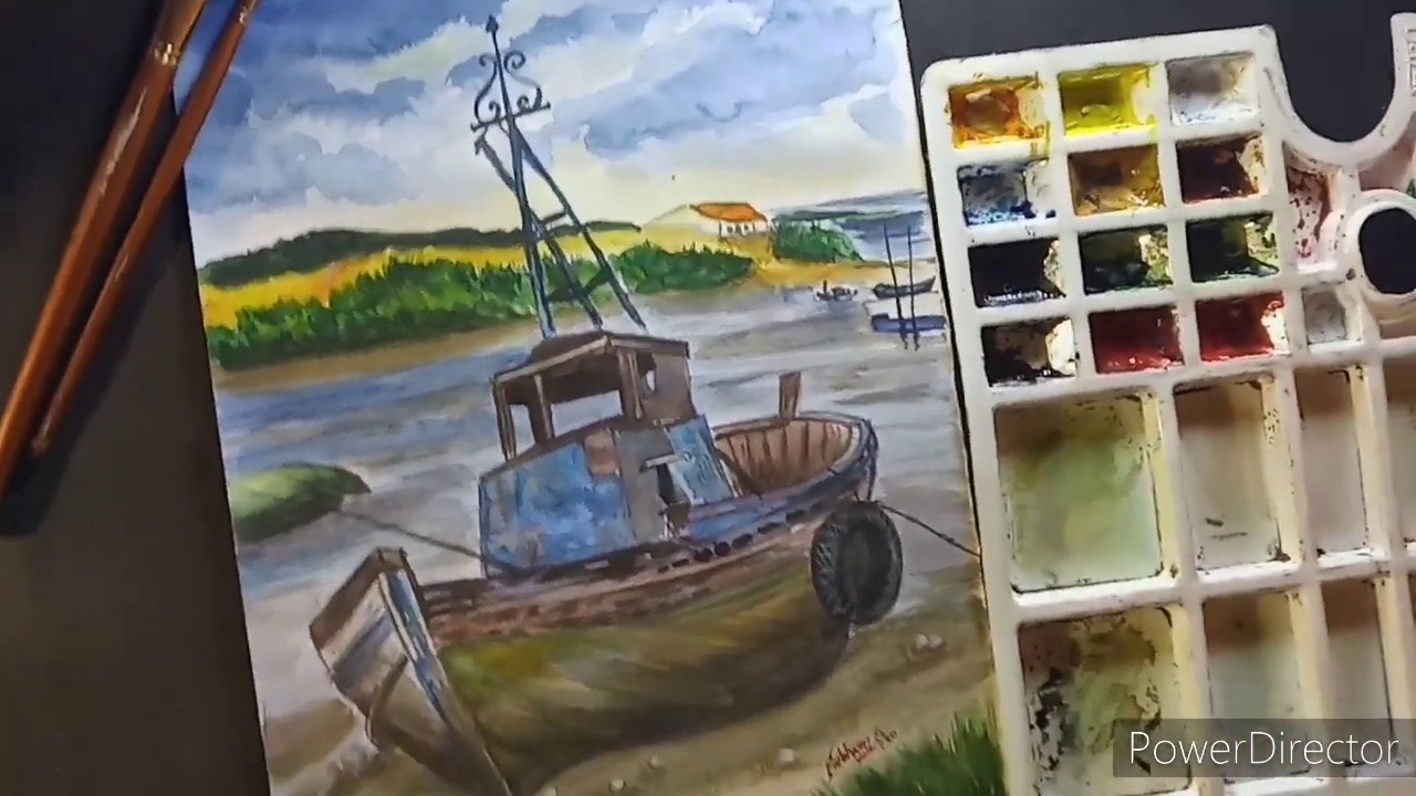 watercolor painting of a boat on the river bank 😍/watercolor painting of a boat
