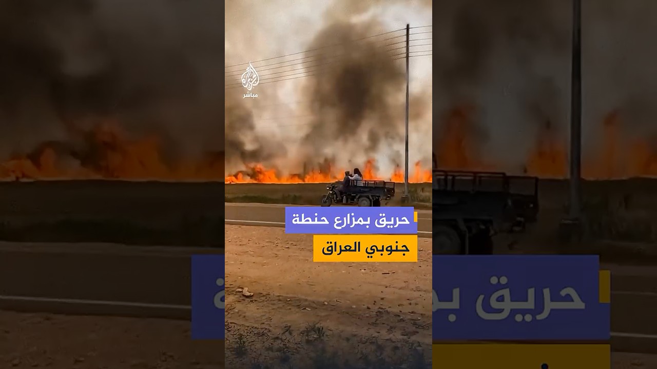 حريق في مزارع للحنطة بمنطقة المشخاب في محافظة النجف جنوبي العراق