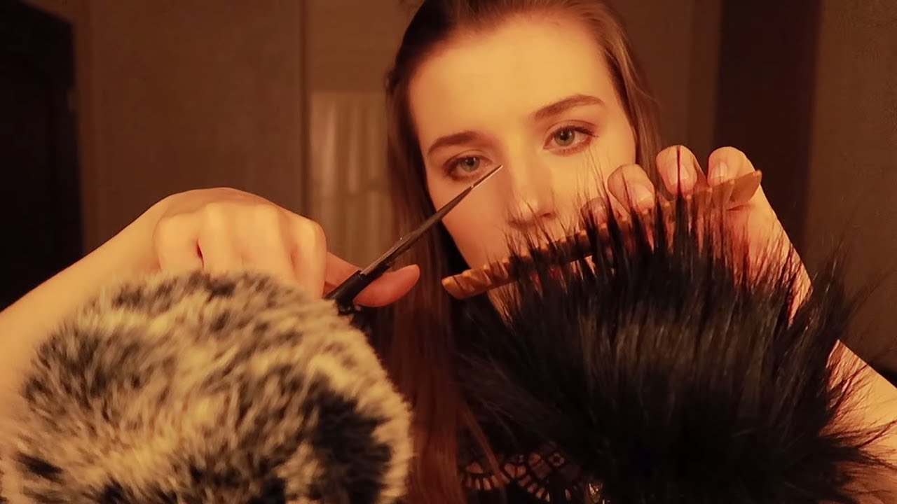 ASMR FLUFFY MIC BRUSHING, SCRATCHING. HAIRCUT FOR MICROPHONE. RELAXING WHISPERS. INTENSE TINGLES.