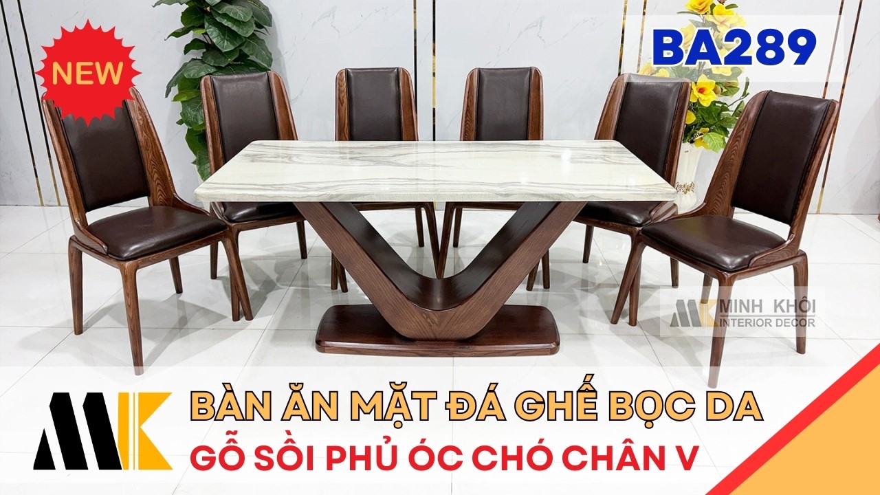 Bàn Ăn Mặt Đá Gỗ Sồi Phủ Óc Chó Chân V - BA289 | Minh Khôi