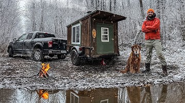 Facing SNOWFALL & FREEZING RAIN in a Tiny Cabin by a River