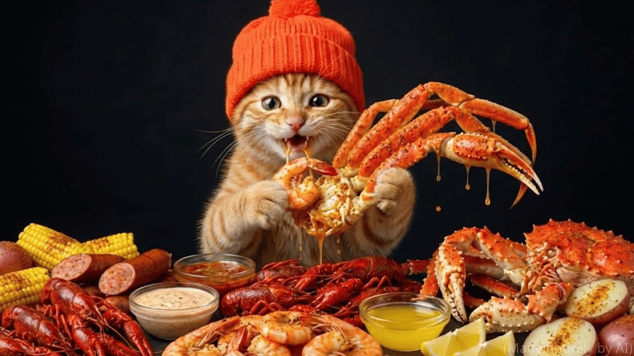 Ginger Cat cooks & eats huge Cajun Seafood Feast, Crawfish and Potatoes| ASMR CAT MUKBANG Made by AI