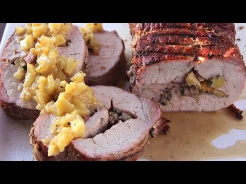 Smoked Stuffed Pork Loin Recipe with pineapple, bacon and brie - on a Kamado Joe Grill