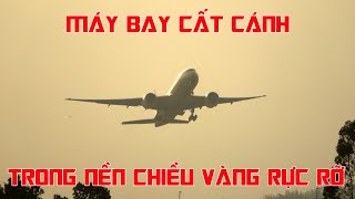Planes taking off into a brilliant golden sunset at Noi Bai Airport.