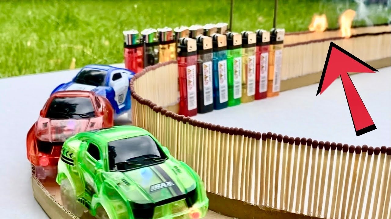 3 TOY CARS RACING on DIY Toy Car Race Track YouTube