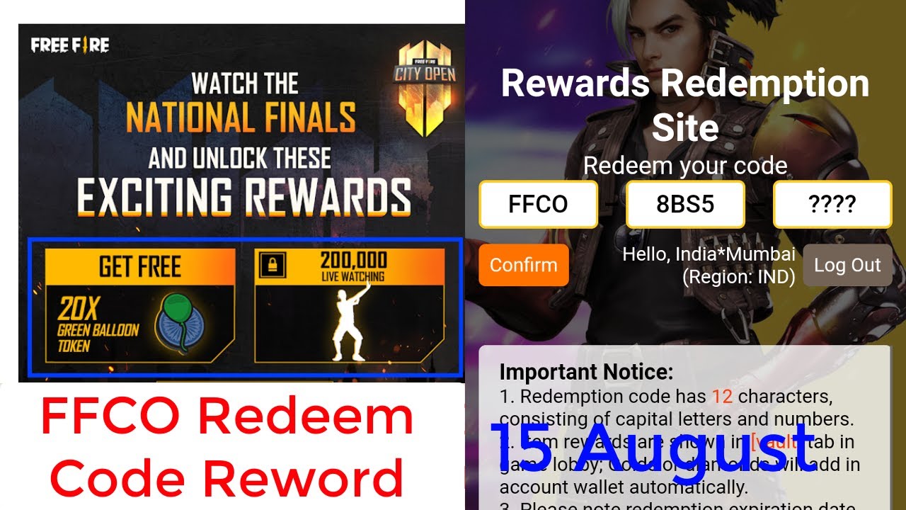 FFCO Redeem Code Reword Today 15 August | Green Balloon Token and new Emote redeem code today.