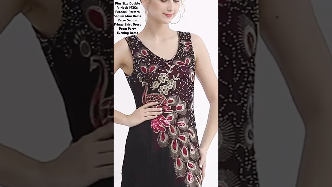 Plus Size Double V Neck 1920s Peacock Pattern Sequin Mini Dress Retro Sequin Fringe Skirt Dress