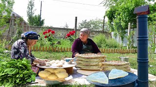 Grandma Rose Cooking Kutab with Greens on a Campfire | Traditional Village Cooking