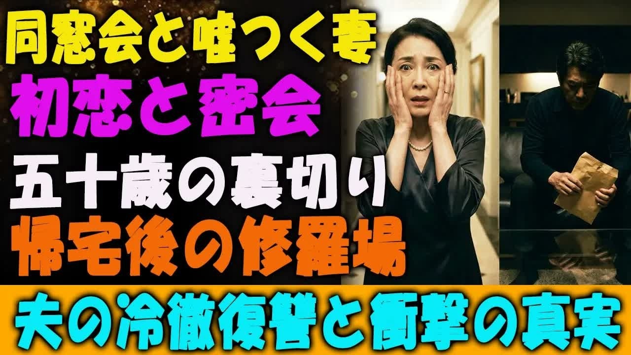 夫に「同窓会、楽しかったか？」と聞かれた瞬間、心臓が止まるかと思った。私は50歳の平凡な主婦。夫の剣一はいつも無関心で、私は退屈な毎日に寂しさを感じていた。そんな時、SNSで高校時代の初恋の相手・拓也君から突然連絡が来た。「同窓会」という名目で会いに行ったその日、私は初めて女に戻れた気がした。しかし家に帰ると、夫は冷たい目で一枚の封筒を突きつけてきた。「お前の嘘、全部分かってる」と。写真を見...