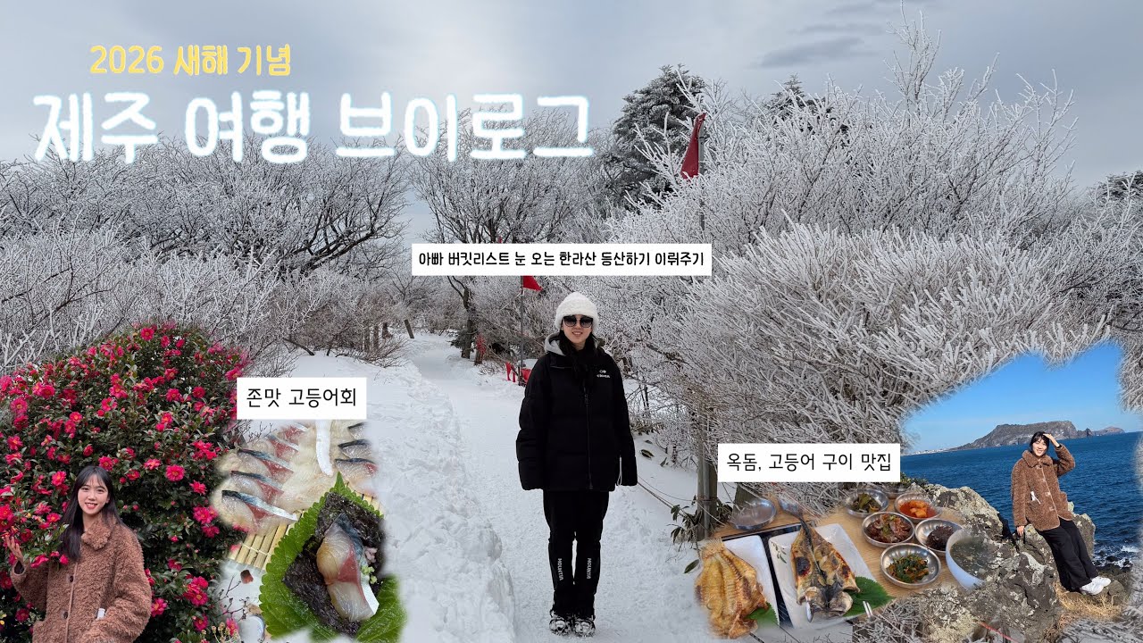 제주 여행 VLOG | 아빠 버킷리스트 눈 오는 한라산 등산하기 이뤄주기 🗿✨ | 좌절한 동백꽃 구경하기 🌺🥲 | 고등어회 맛집을 찾다 🤭 | 고등어구이 맛에 눈떴다 | 섭지코지