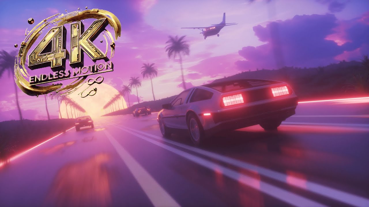 Retro Neon Highway – DeLorean & Classic Cars Drive Under Synthwave Sunset | 4K Loop
