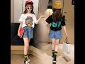 【2022 夏の生活応援セール】【110-160】韓国系ファッション プリント 半袖 Tシャツ＋デニムパンツ 夏 子供服 女の子 セットアップ