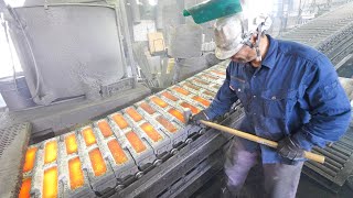 Casting process for mass production of bronze ingots. A traditional Japanese foundry.