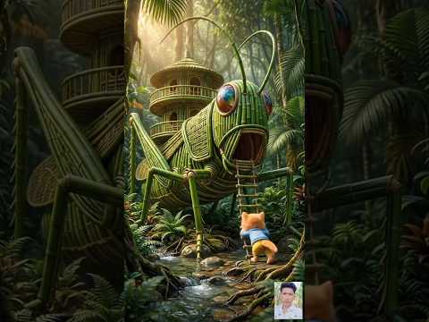 Ginger kitten makes a grasshopper shaped house from green bamboo in the forest #catvideos #ai