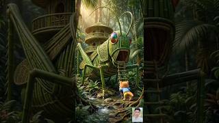 Ginger Kitten Makes A Grasshopper Shaped House From Green Bamboo In The Forest