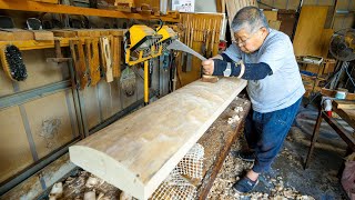 Process of making Japanese harp,Koto. A 81-year-old craftsman who has been making it for 60 years.