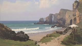 Tranquil Coastal Landscape | Pastel Oil Painting of a Peaceful Beach and Rocky Cliffs Art wallpaper screenshot 3