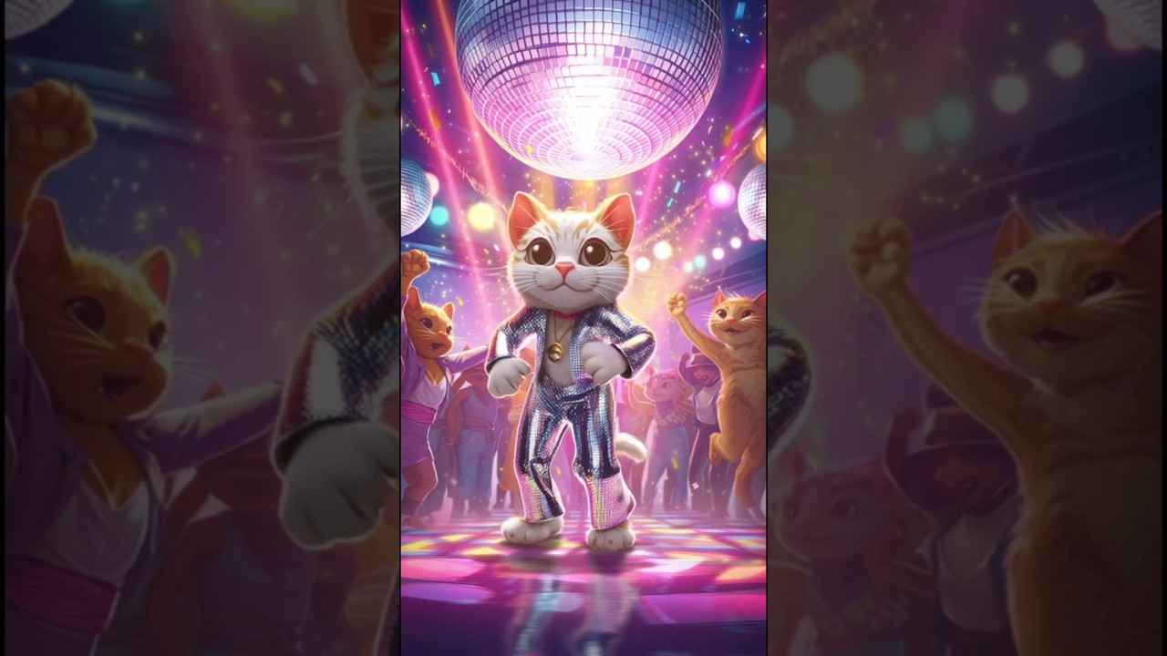 A funny cartoon cat wearing shiny disco   