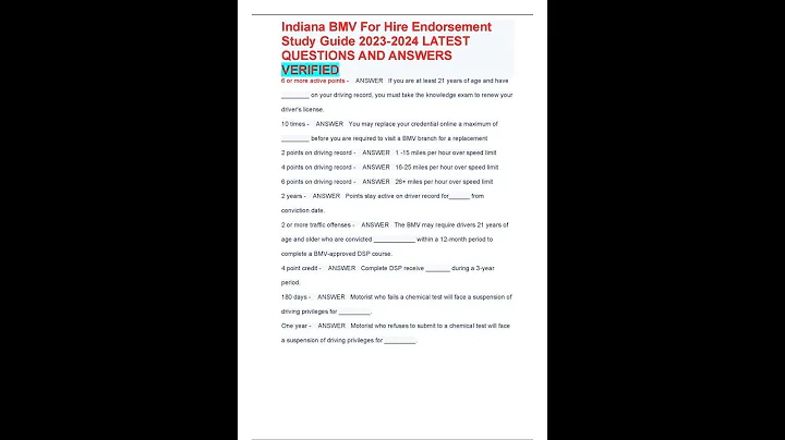 Indiana BMV For Hire Endorsement Study Guide LATEST QUESTIONS AND ANSWERS VERIFIED