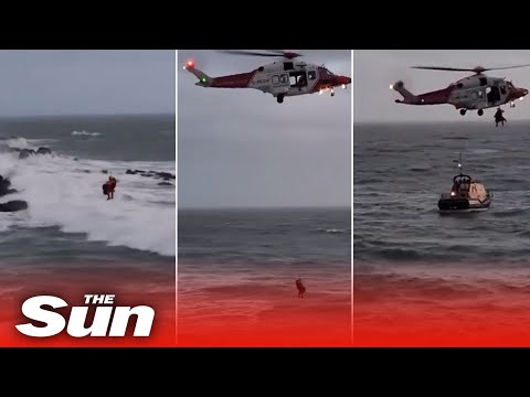 Dramatic moment child & mum saved from cliff edge after falling onto rocks in helicopter rescue.
