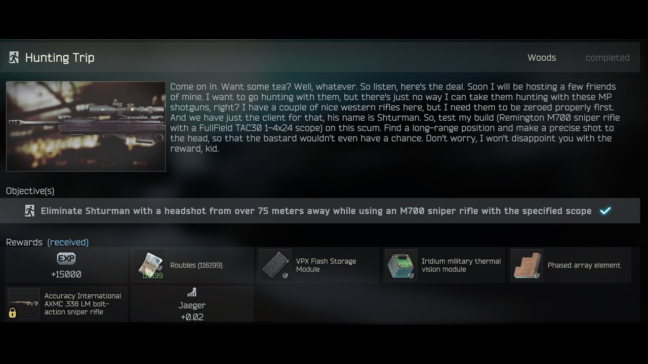 Tarkov Completing Hunting Trip YouTube