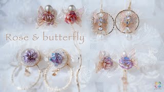友達からオーダー✨蝶と薔薇のイヤリングDIY rose and butterfly earrings resin art DIY