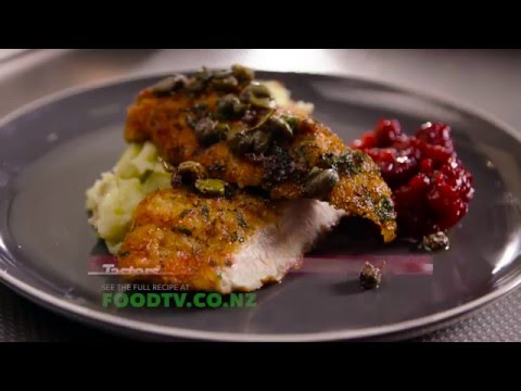 Turkey Schnitzel with Caper Butter, Crushed Potatoes and Cranberry Sauce