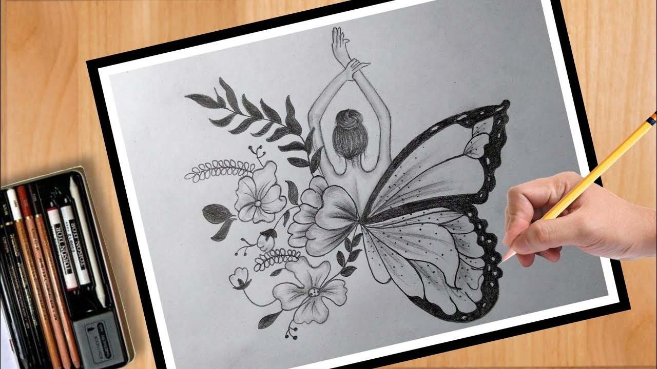 Premium Photo | A drawing of a girl with butterfly wings and flowers  generative ai
