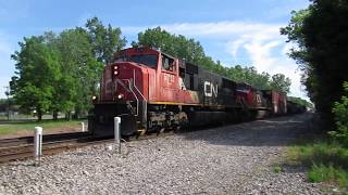 CN 5712, 2138 move fast with a Westbound mixed freight car train at Vicksburg, MI