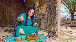 Cooking dill and beans with the bottom of the fish pot and salad/special food of Iran's Eid night