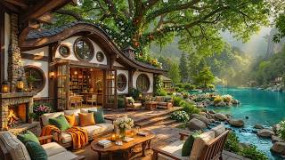 Calming Jazz Mellow at Lakeside Summer Porch | Crackles Fireplace & Bird Sounds for Work, Study