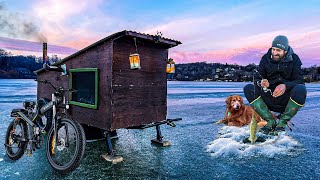 WINTER IN A BIKE CAMPER ON A LAKE | Ice Fishing & Camping