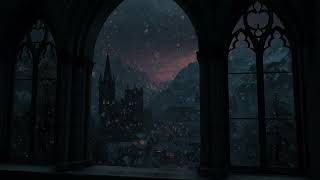 (No Ads) Old Medieval Winter Night Village Window | Calm Snow Ambience