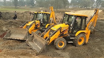 Two JCB Backhoe Machine Working For Bridge Foundation Construction - JCB Road Construction Video