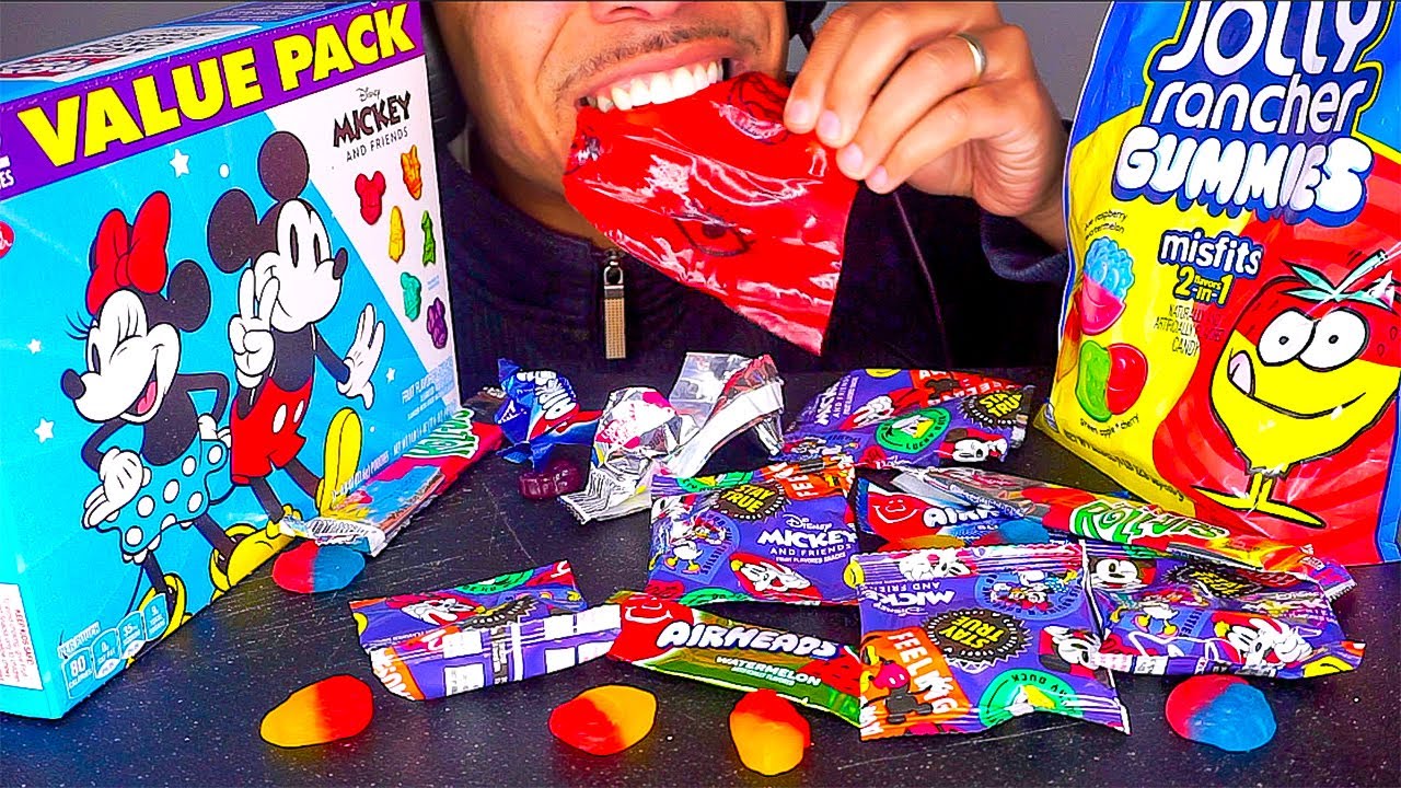 ASMR EATING CANDY NO TALKING MUKBANG JERRY FOOD TREATS PARTY AIRHEADS