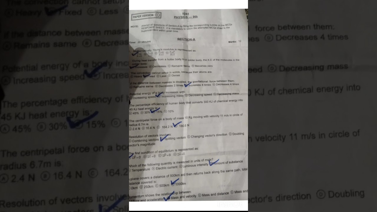 abbottabad board 9th Class 2 may 2024 physics paper mcqs portion Solved