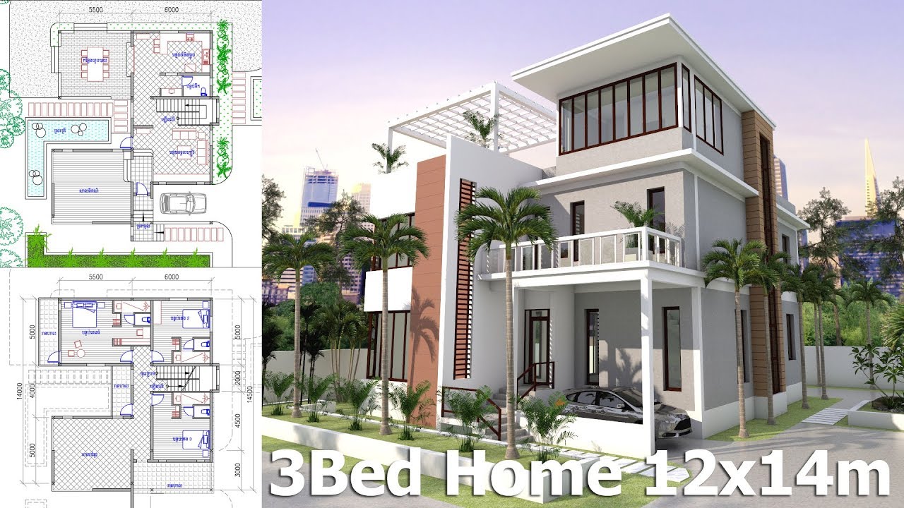  SketchUp  Home Plan  12x14m 3 Story House  With 3 Bedrooms 