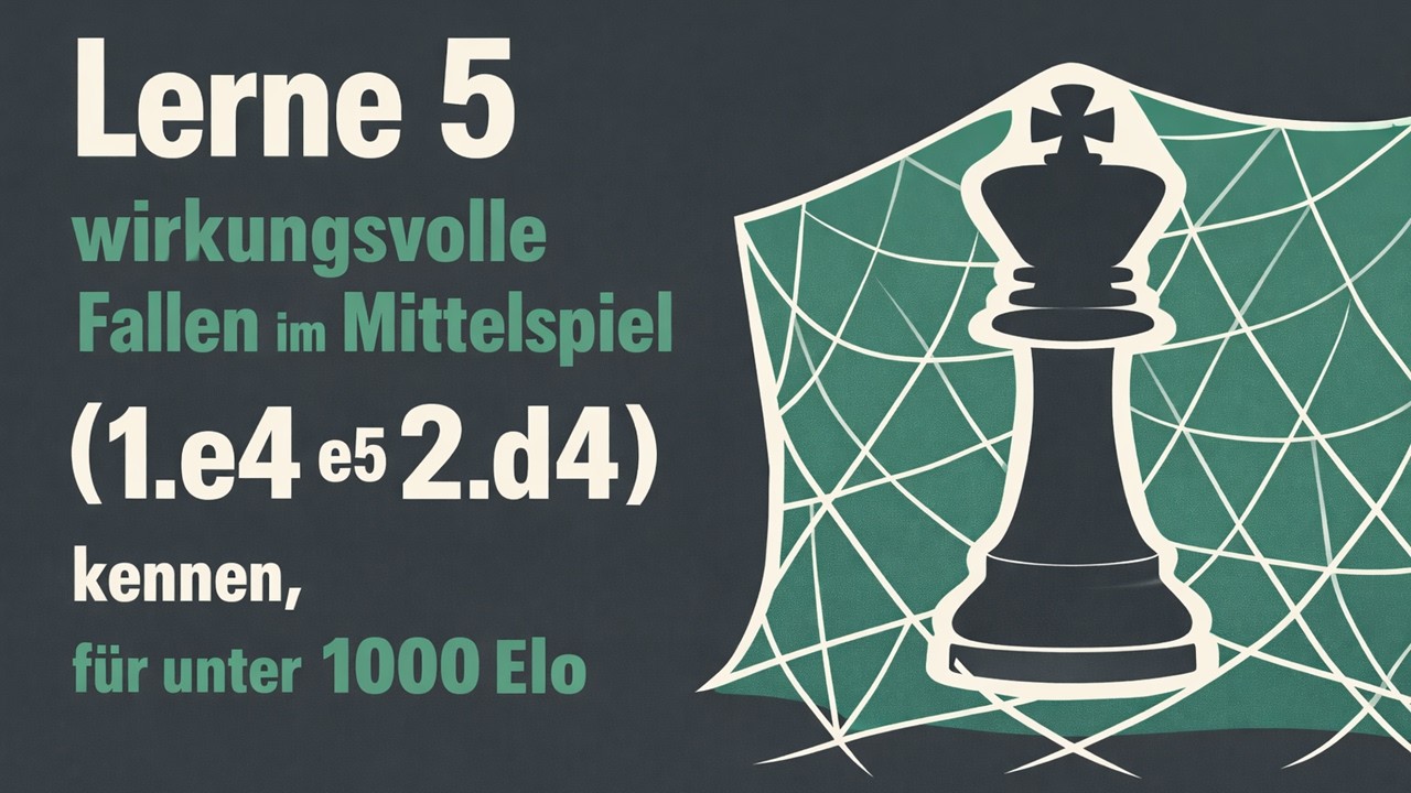 Lerne 5 wirkungsvolle Fallen im Mittelspiel (1.e4 e5 2.d4) kennen, für unter 1000 Elo