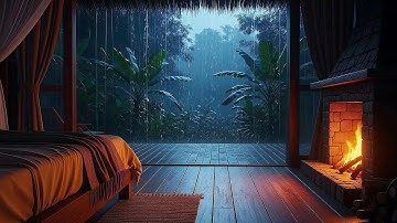🏡 Cozy Cabin in the Rainforest 🌴 Warm Fireplace & Heavy Rain Sounds for Sleeping