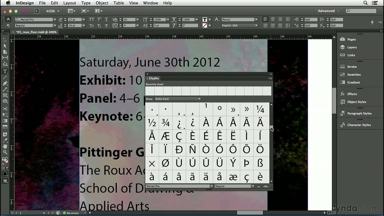 Use the Glyphs panel to insert glyphs and special characters in Adobe InDesign