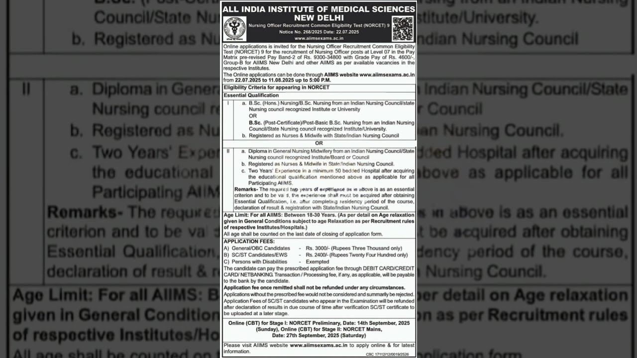 AIIMS Nursing Officer Recruitment 2025 NORCET 9 Online Apply