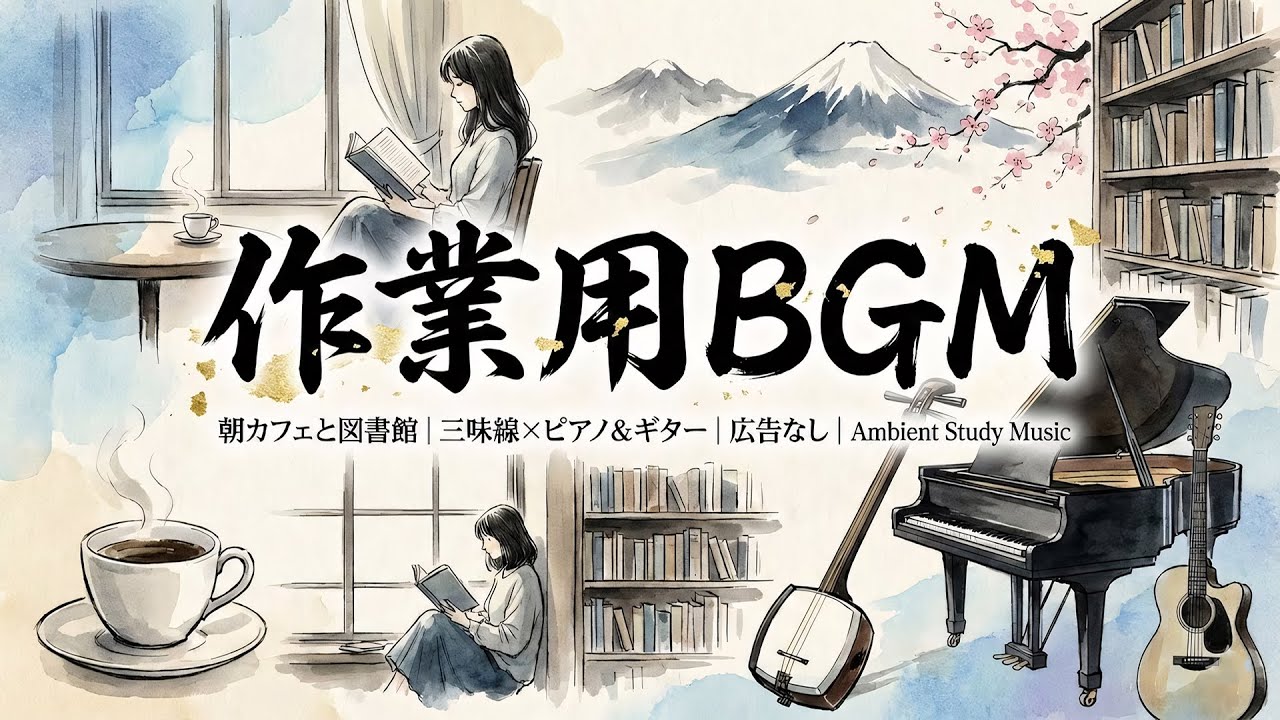 【作業用BGM】朝カフェと図書館｜三味線×ピアノ＆ギター｜広告なし｜Ambient Study Music