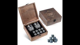 Whiskey Stones Gift Set - Granite Rocks - 2 Crystal Glasses - Best Present