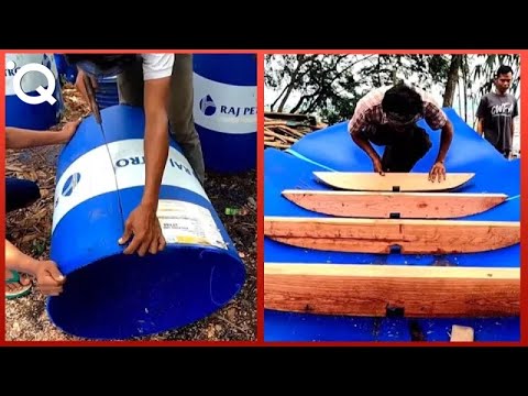 Building a Boat with Plastic Barrels and Wood in the